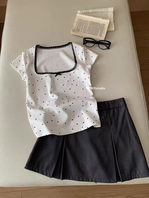 Vintage Polka Dot Square Neck Tops